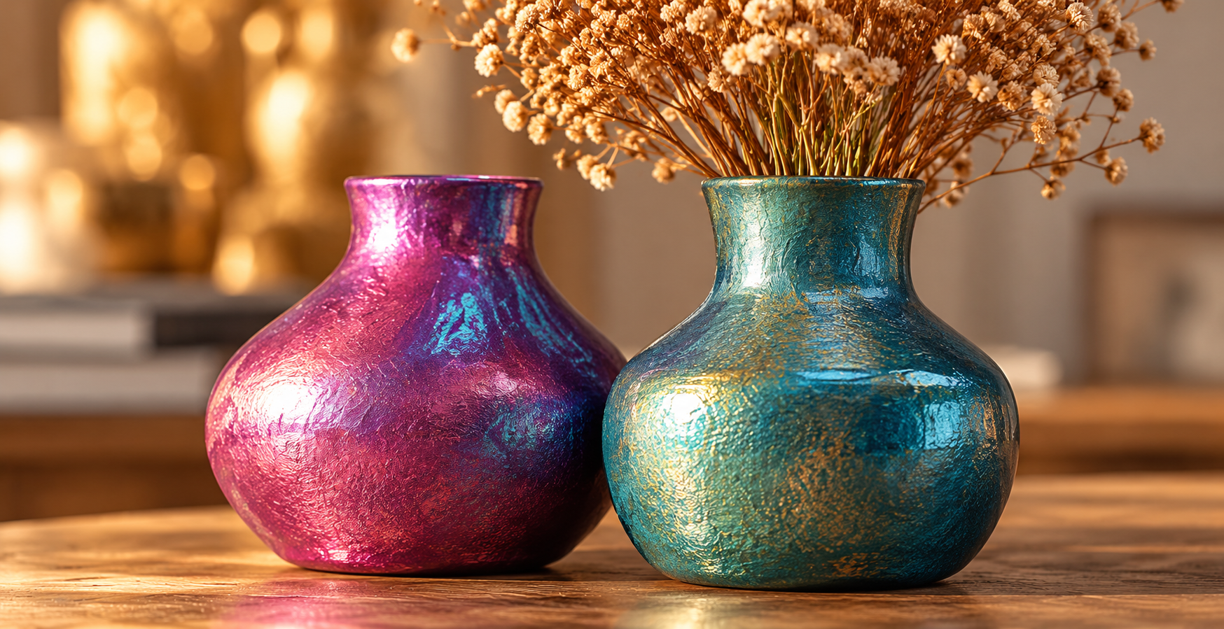 Purple and teal metallic finish vases, an illustrative application concept